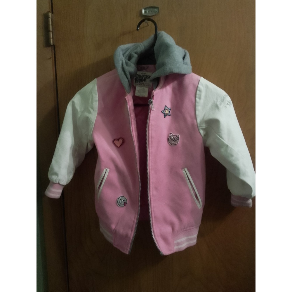 OshKosh B'Gosh Girls Size 6 Pink Varsity Jacket Patches Gray Hood Bomber